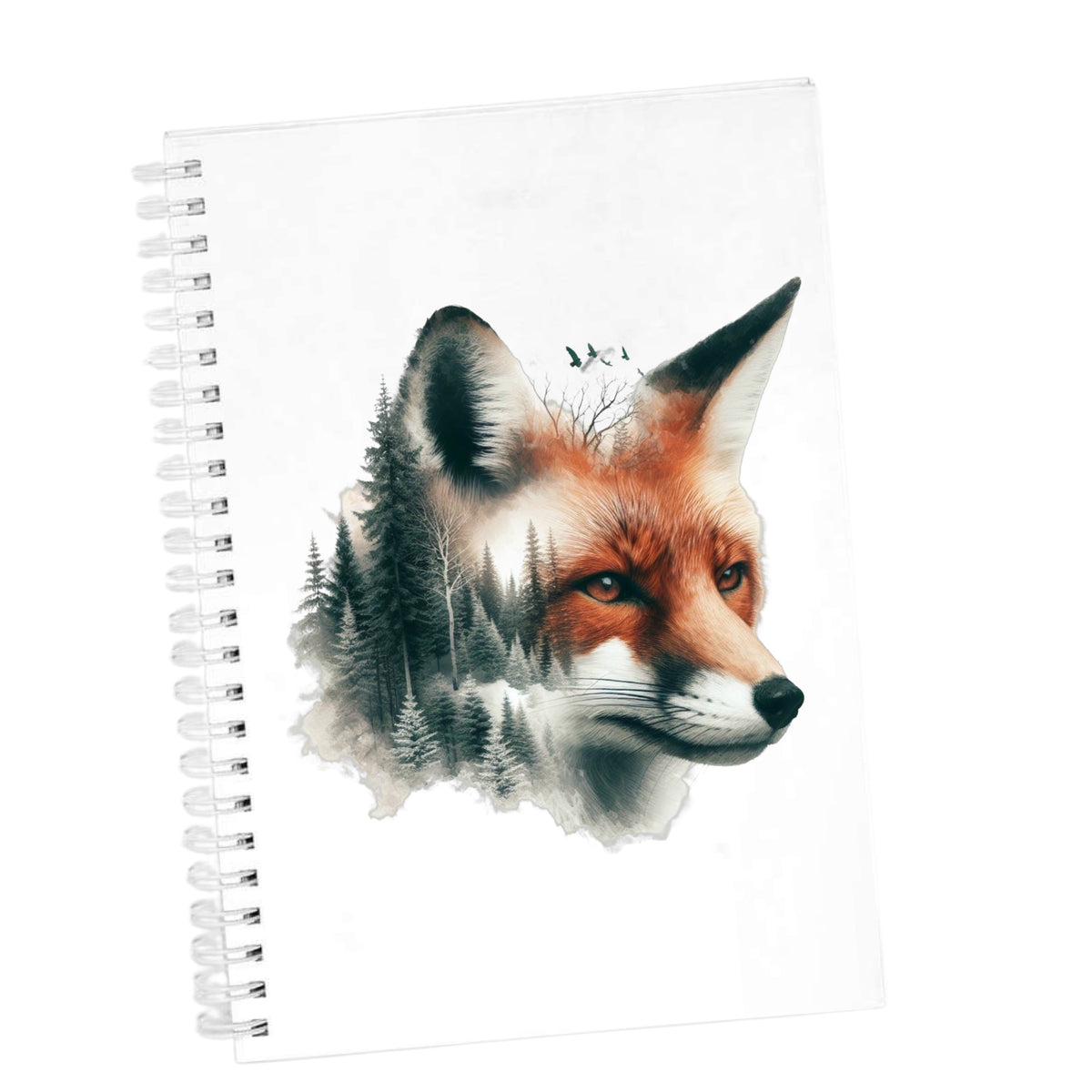 Pine Forest Fox UV DTF sticker applied to the cover of a white spiral journal