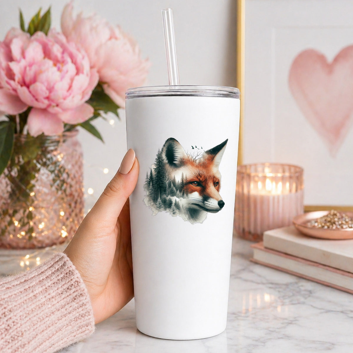 Pine Forest Fox UV DTF sticker applied to a white straw tumbler beside pink peonies