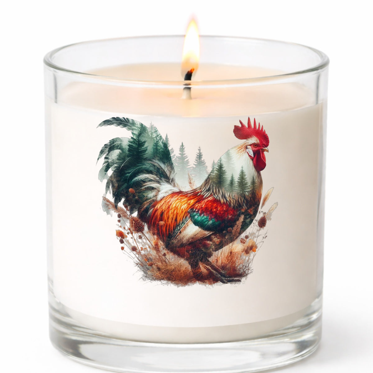 Colorful Rooster UV DTF sticker applied to a white candle in a clear glass jar