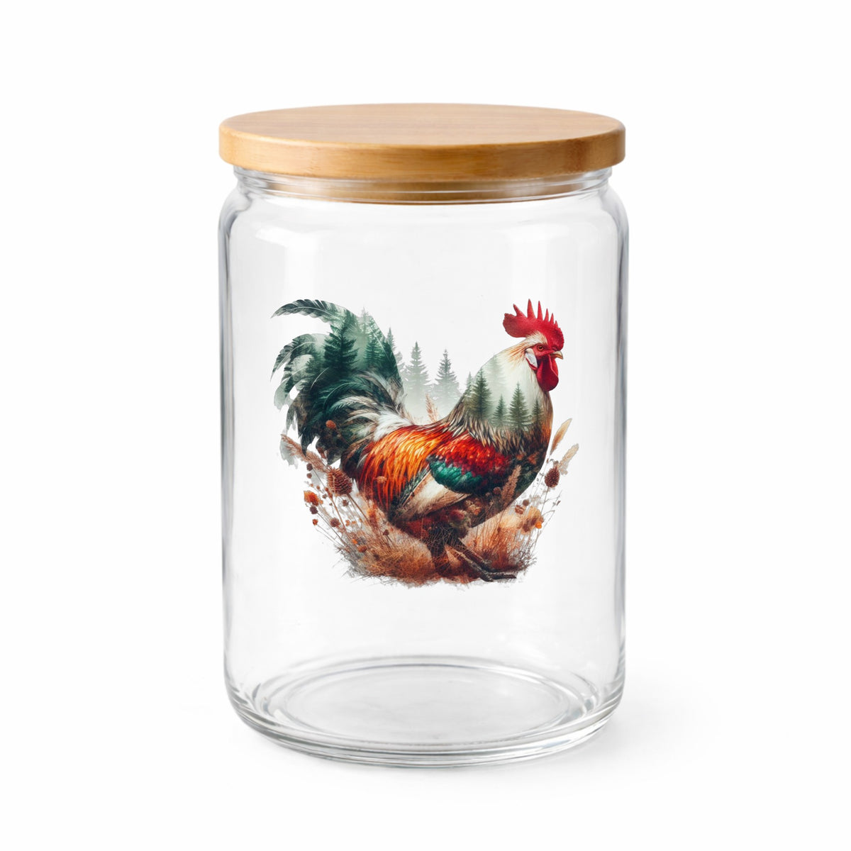 Colorful Rooster UV DTF sticker applied to a clear glass jar with a wooden lid