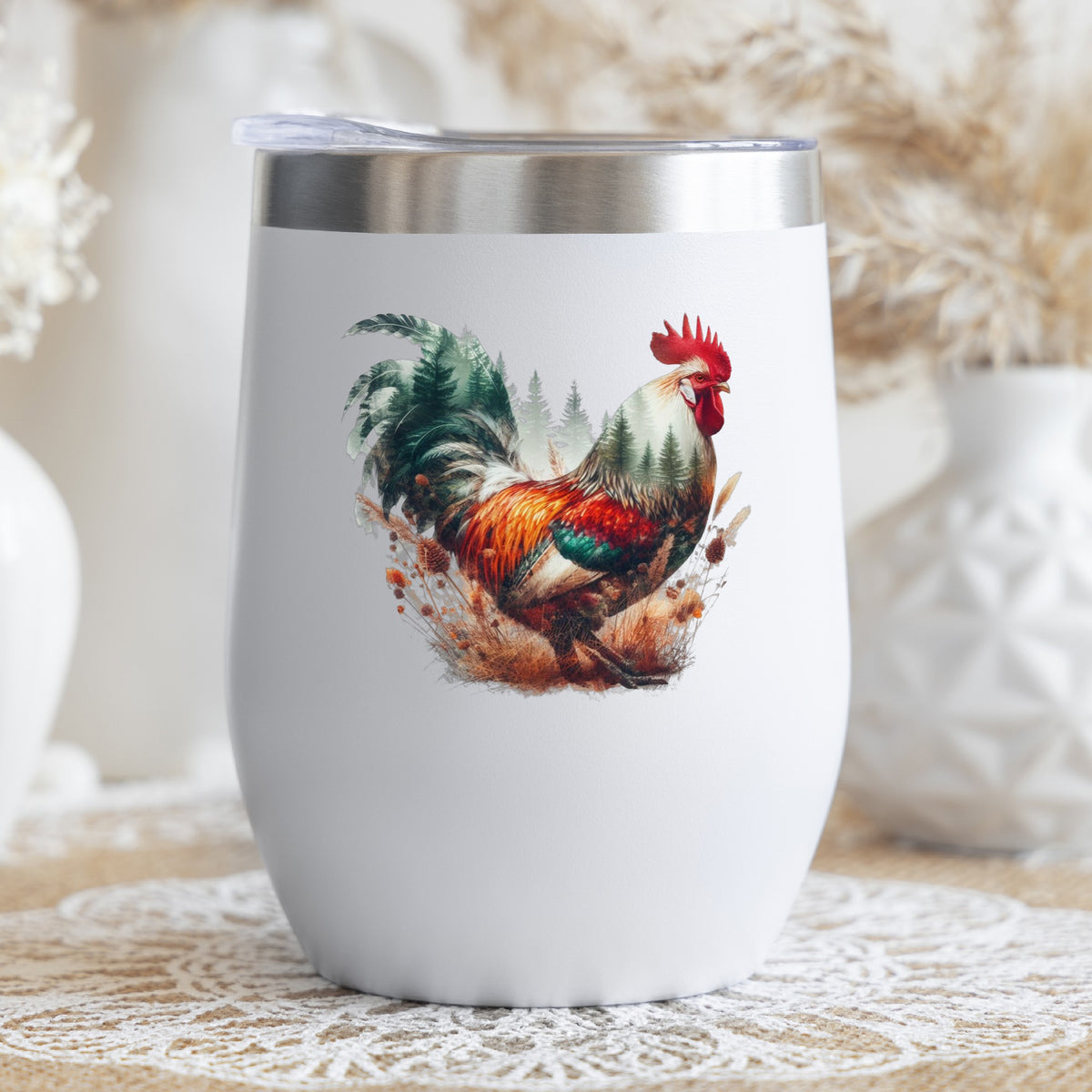 Colorful Rooster UV DTF sticker applied to a white stemless tumbler with a lid