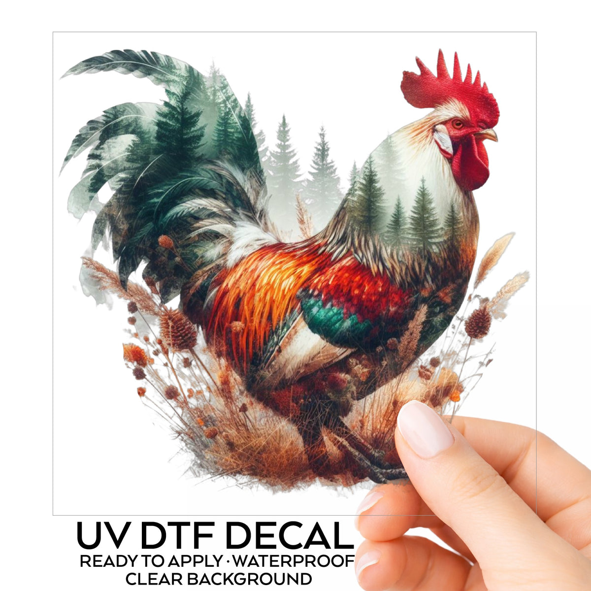 Colorful Rooster UV DTF sticker on its backing card, held in hand
