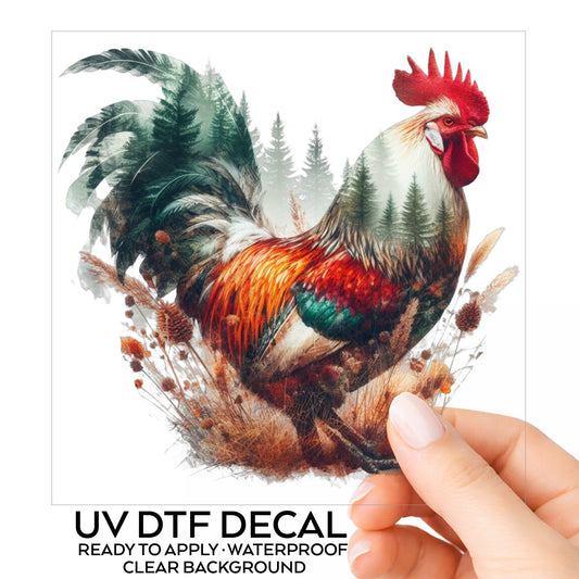 Colorful Rooster UV DTF sticker on its backing card, held in hand