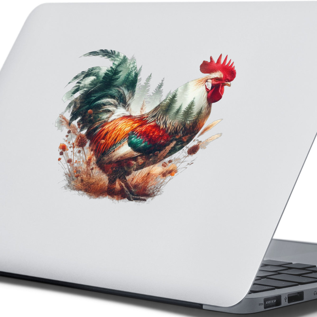 Colorful Rooster UV DTF sticker applied to the lid of a silver laptop