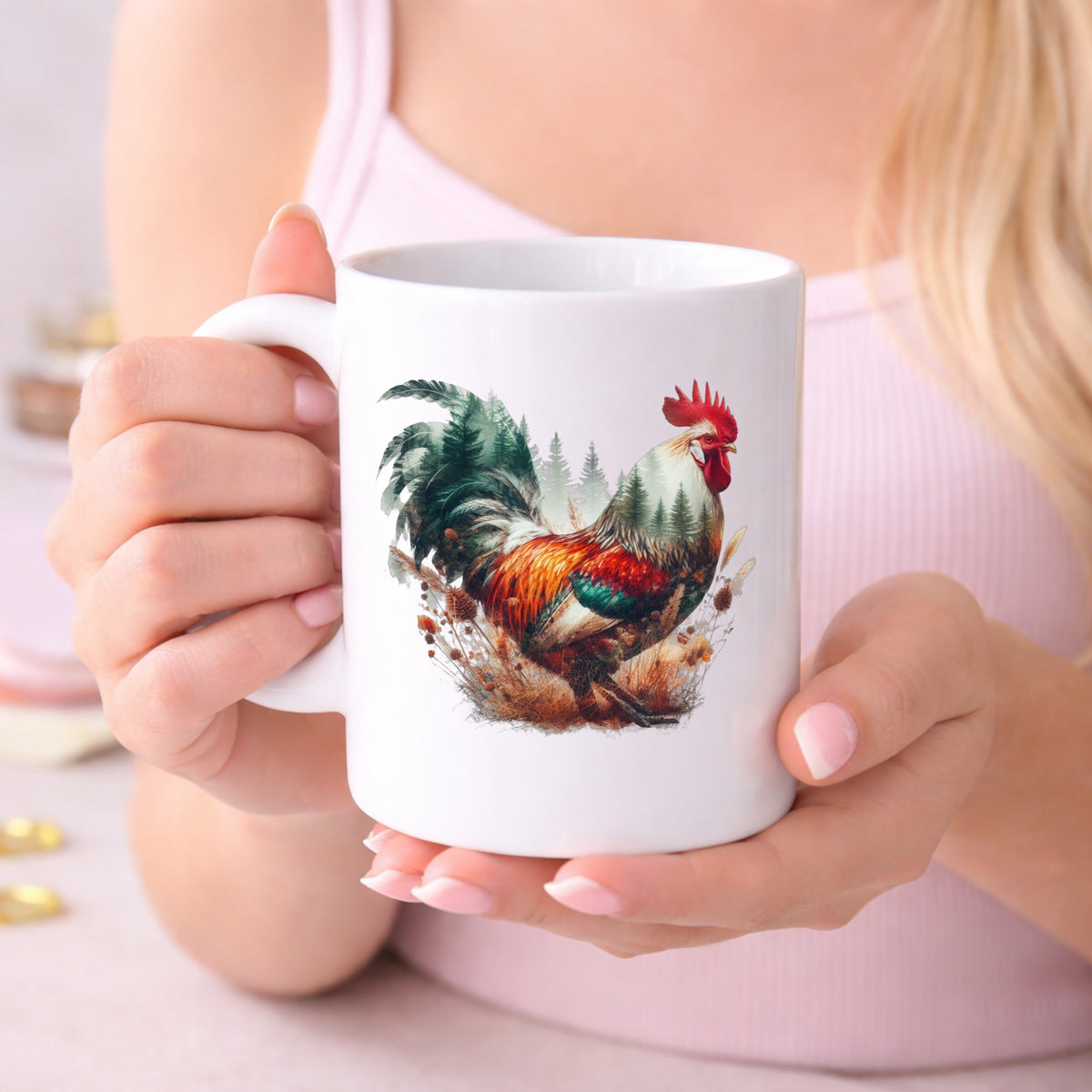 Colorful Rooster UV DTF sticker applied to a white coffee mug held in both hands
