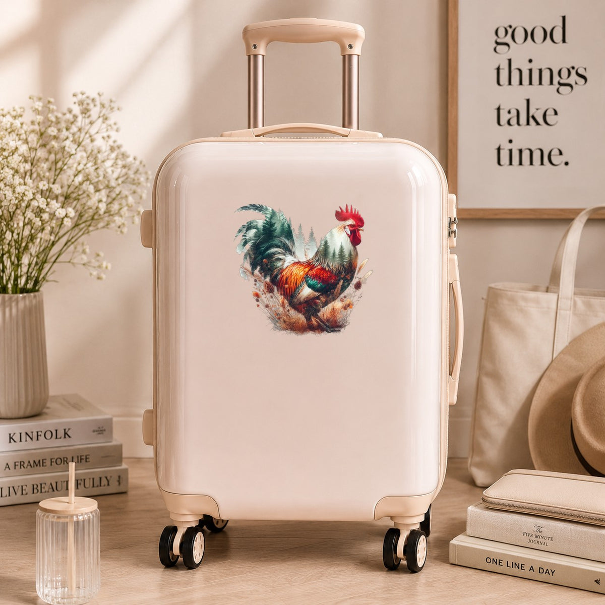 Colorful Rooster UV DTF sticker applied to a cream carry-on suitcase