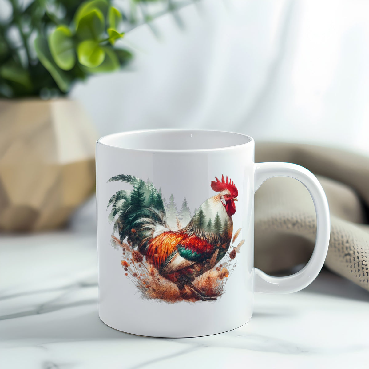 Colorful Rooster UV DTF sticker applied to a white coffee mug