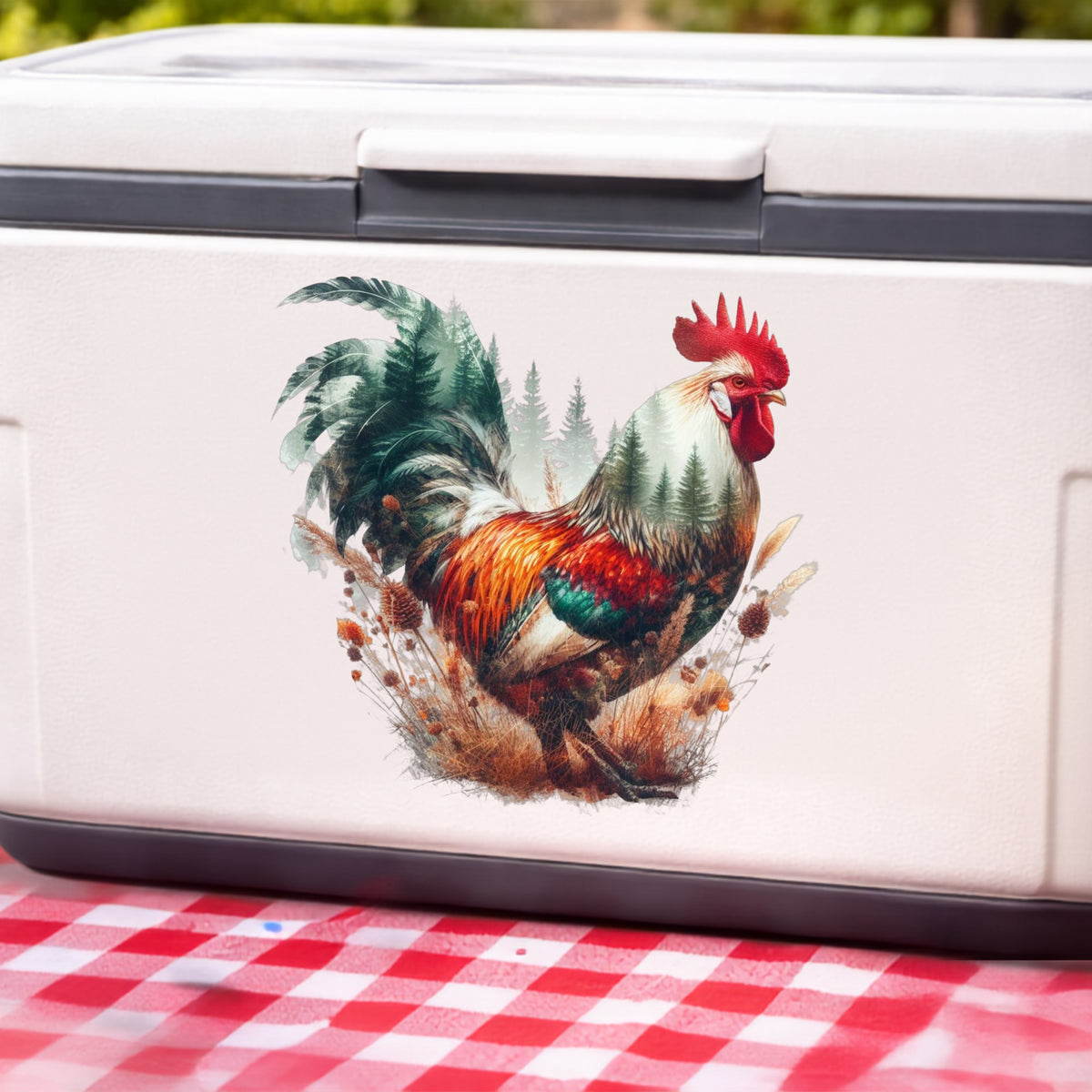Colorful Rooster UV DTF sticker applied to a white cooler on a red gingham cloth
