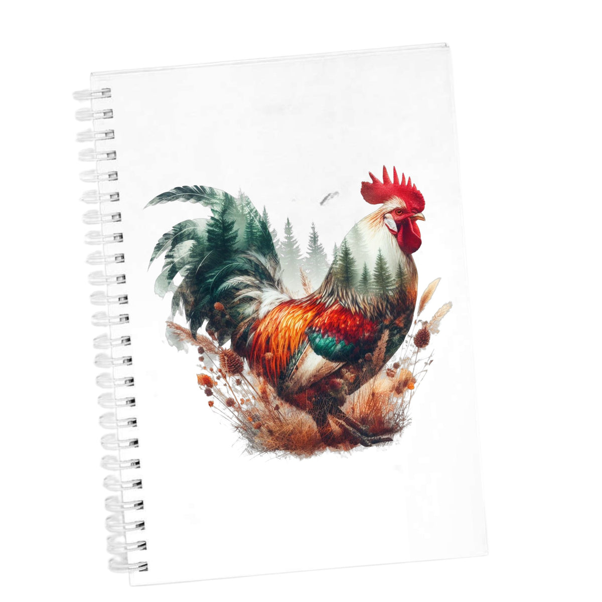 Colorful Rooster UV DTF sticker applied to the cover of a white spiral journal