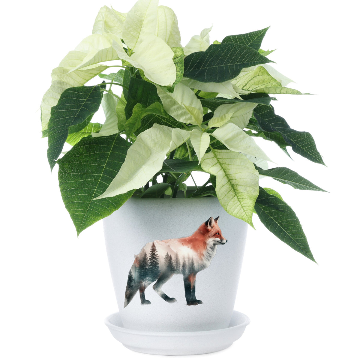 Standing Red Fox UV DTF sticker applied to a white flower pot