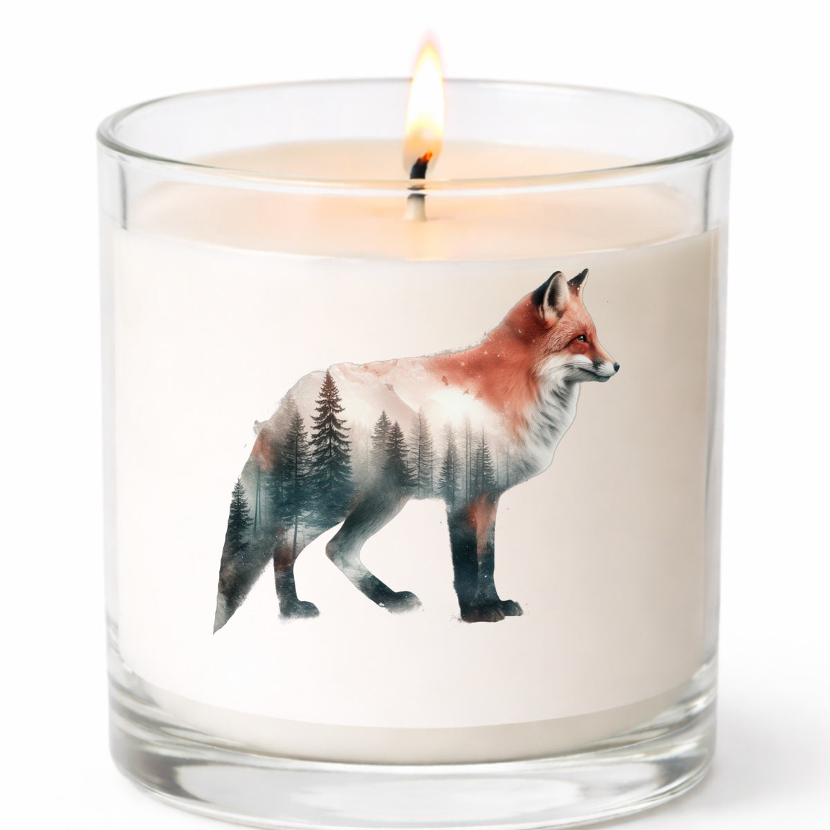 Standing Red Fox UV DTF sticker applied to a white candle in a clear glass jar