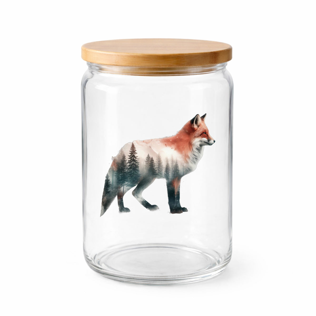 Standing Red Fox UV DTF sticker applied to a clear glass jar with a wooden lid