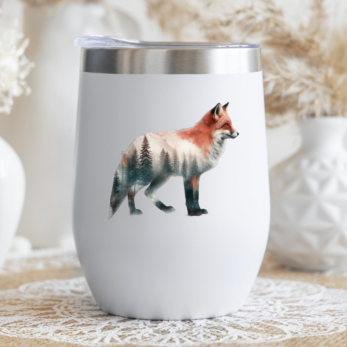 Standing Red Fox UV DTF sticker applied to a white stemless tumbler with a lid