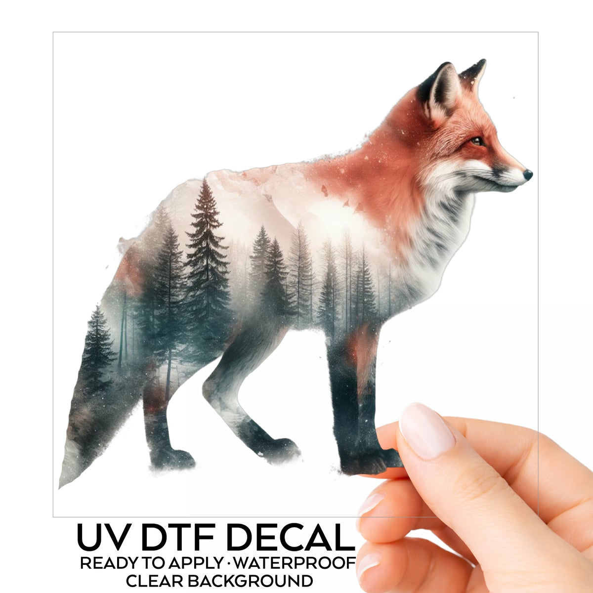 Standing Red Fox UV DTF sticker on its backing card, held in hand