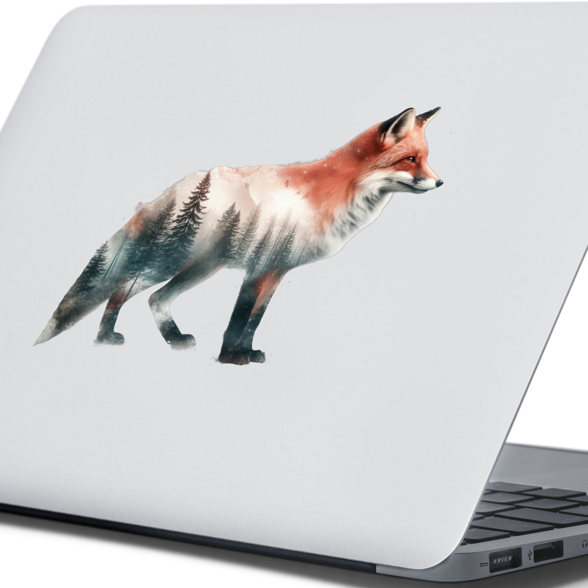Standing Red Fox UV DTF sticker applied to the lid of a silver laptop