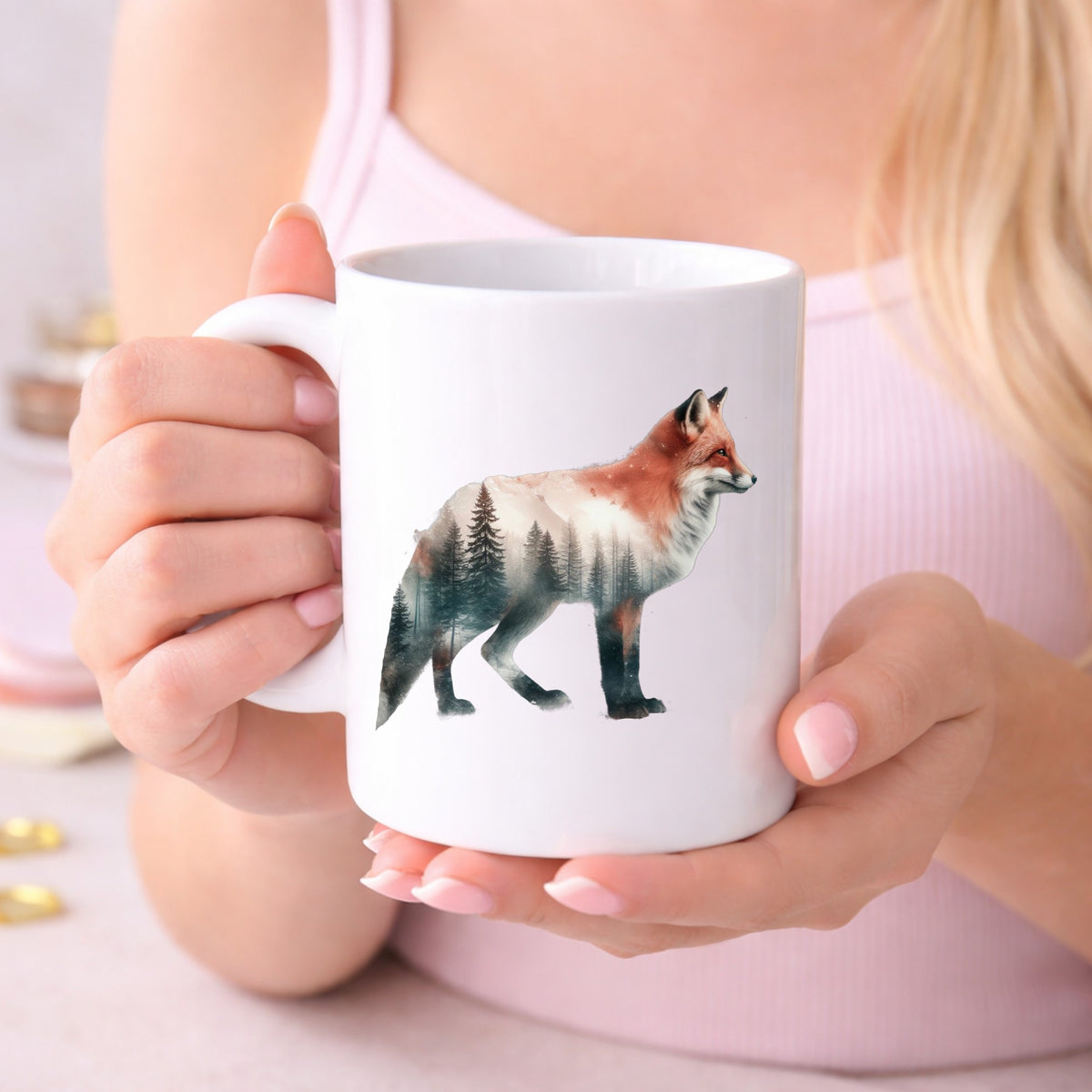 Standing Red Fox UV DTF sticker applied to a white coffee mug held in both hands