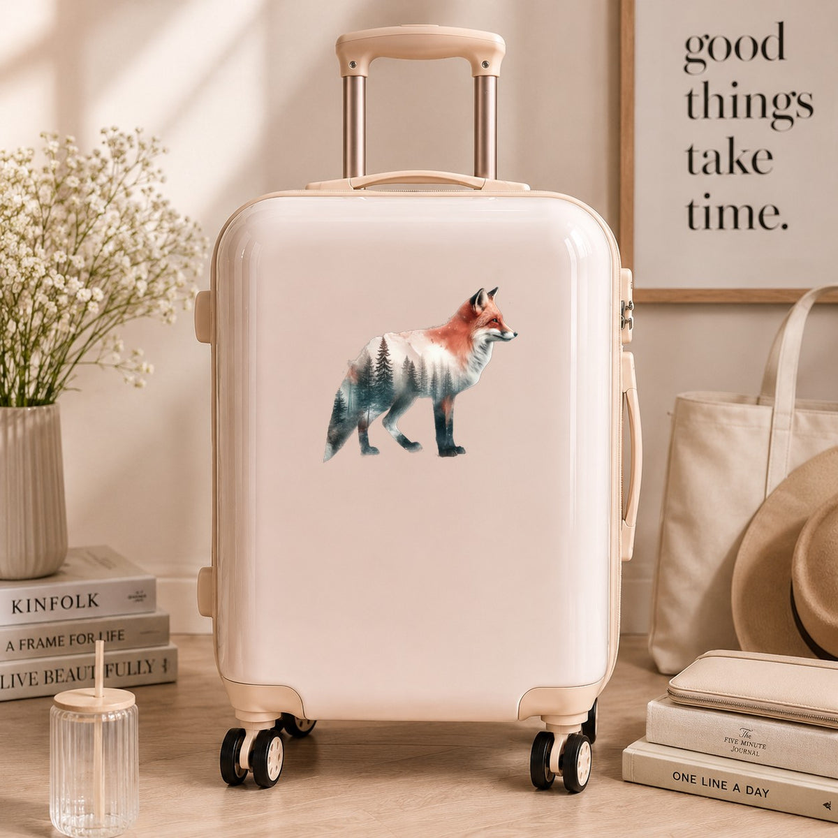 Standing Red Fox UV DTF sticker applied to a cream carry-on suitcase