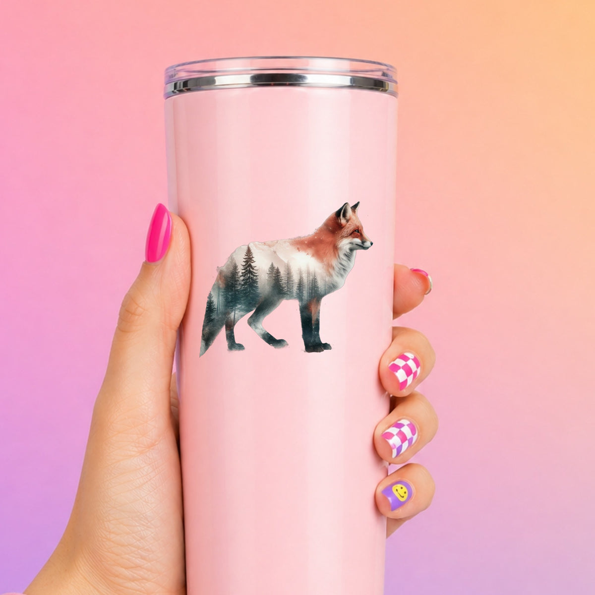 Standing Red Fox UV DTF sticker applied to a tall pink tumbler on a pink and orange background