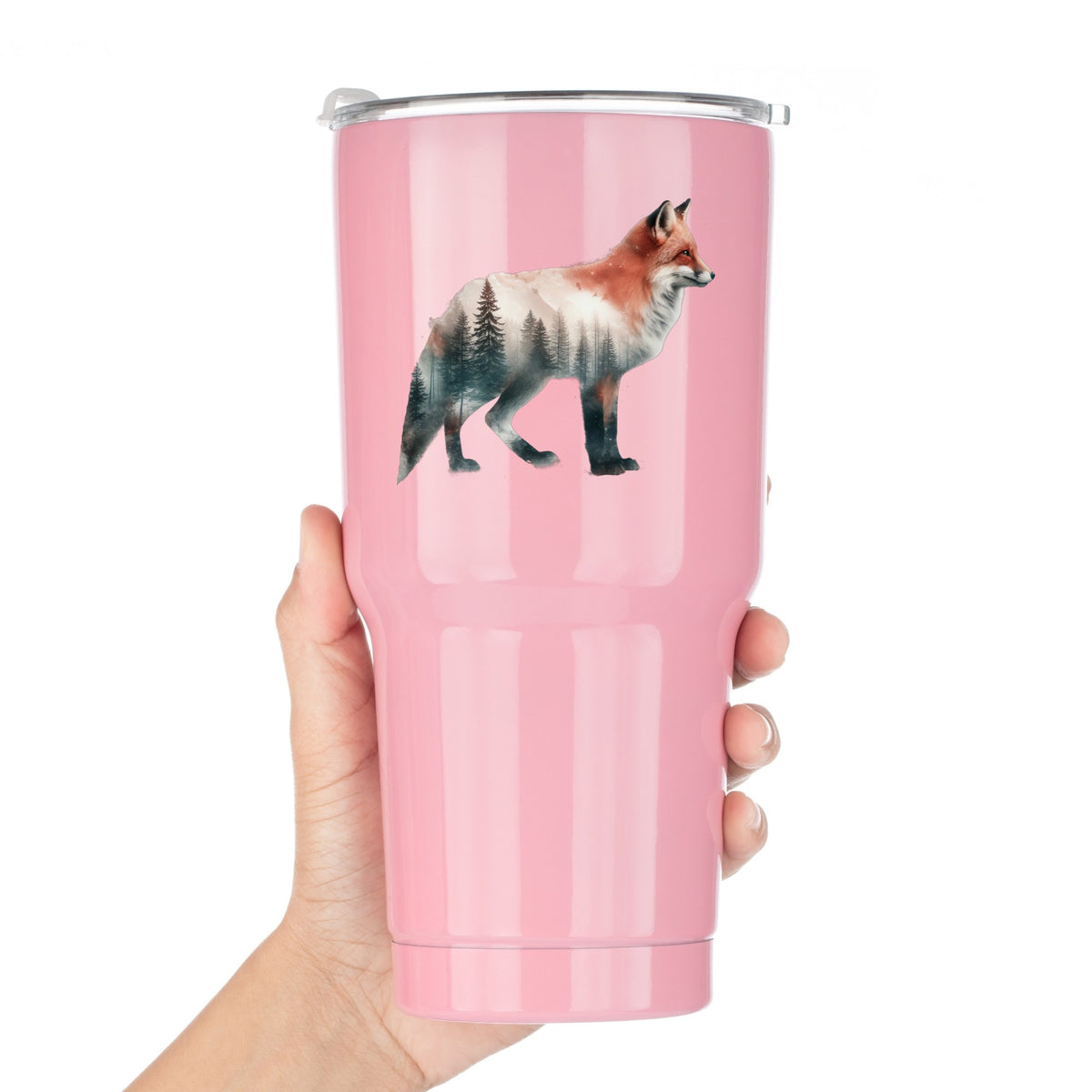 Standing Red Fox UV DTF sticker applied to a pink tumbler held against a white background