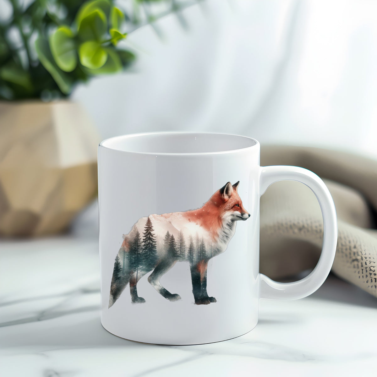 Standing Red Fox UV DTF sticker applied to a white coffee mug