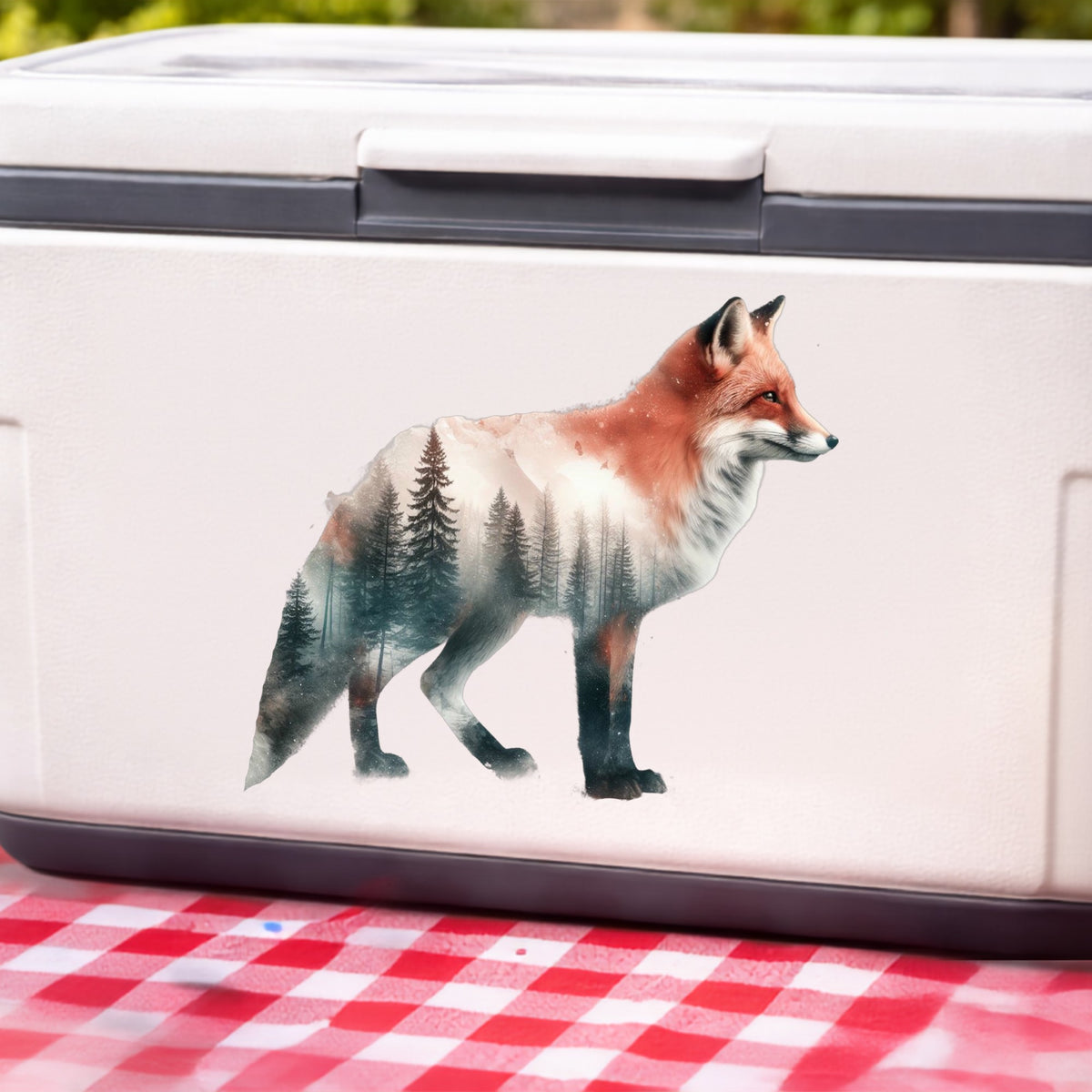 Standing Red Fox UV DTF sticker applied to a white cooler on a red gingham cloth