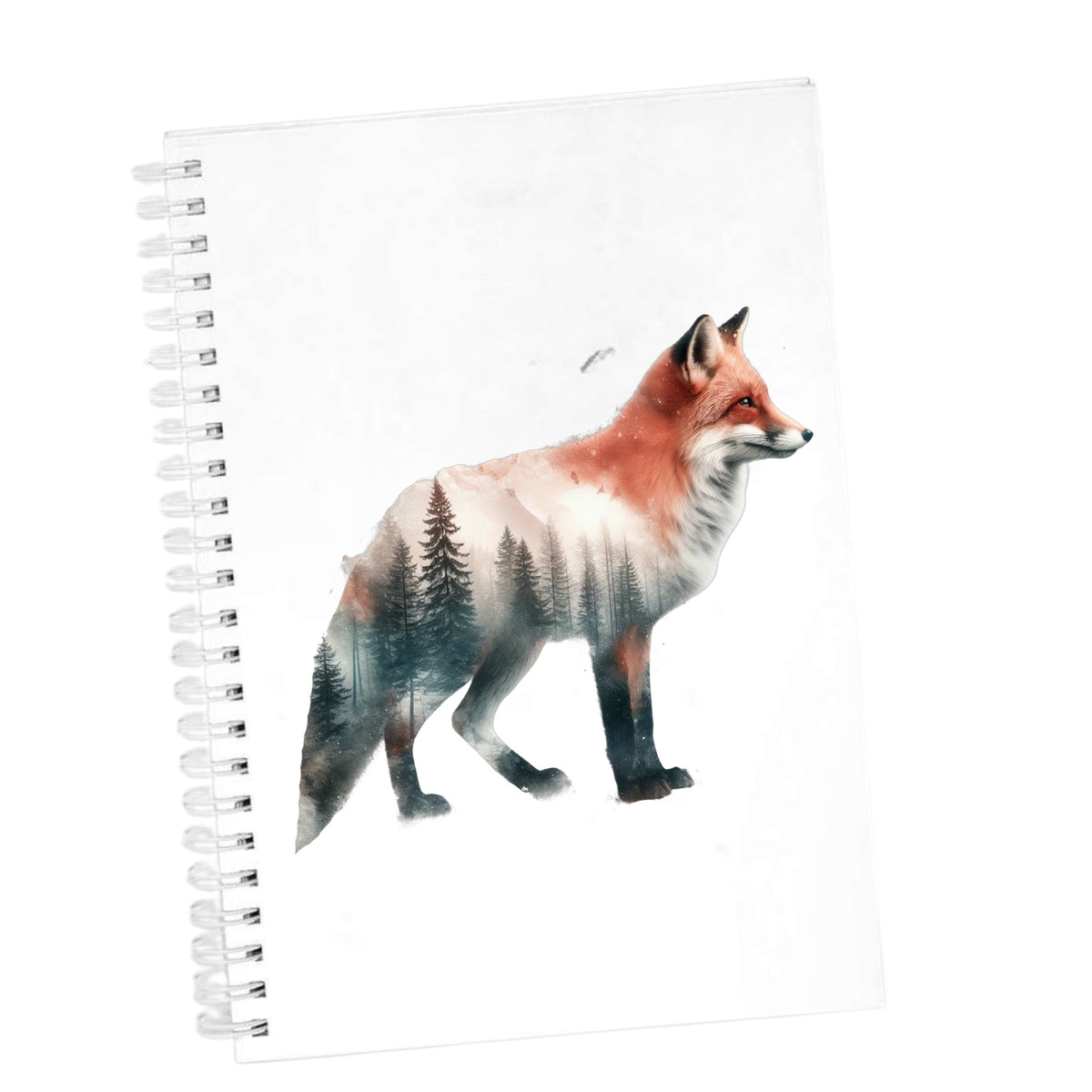 Standing Red Fox UV DTF sticker applied to the cover of a white spiral journal