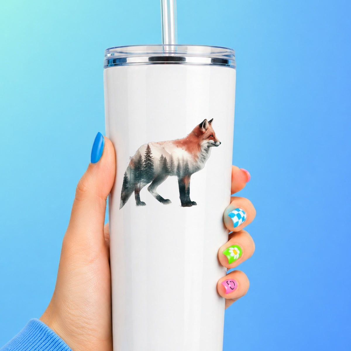 Standing Red Fox UV DTF sticker applied to a white straw tumbler on a blue background