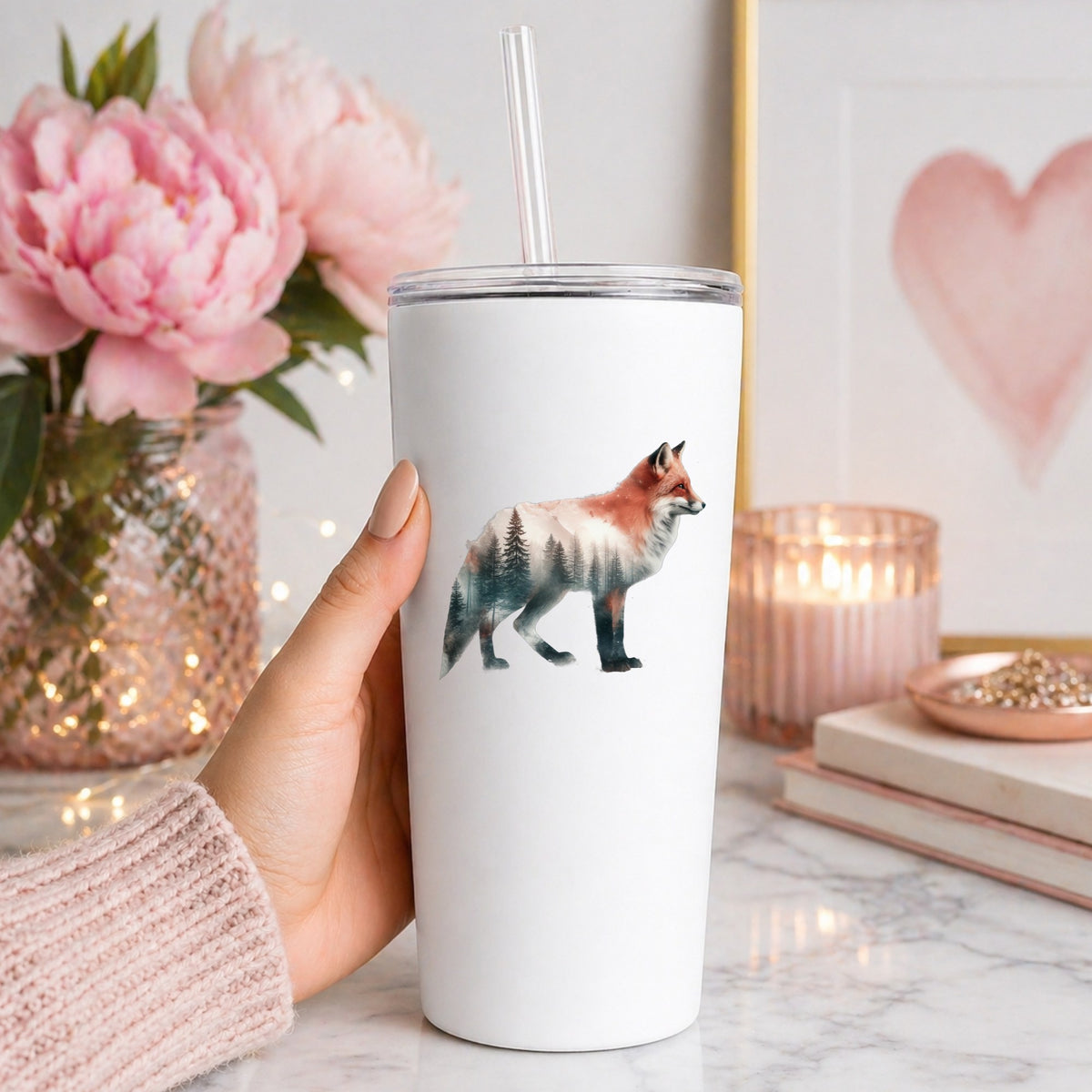 Standing Red Fox UV DTF sticker applied to a white straw tumbler beside pink peonies