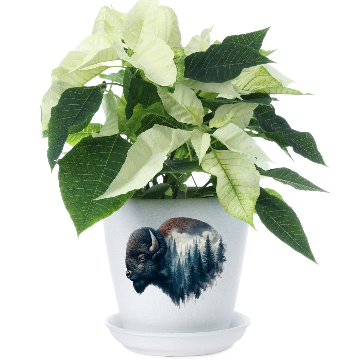 Dark Blue Bison UV DTF sticker applied to a white flower pot