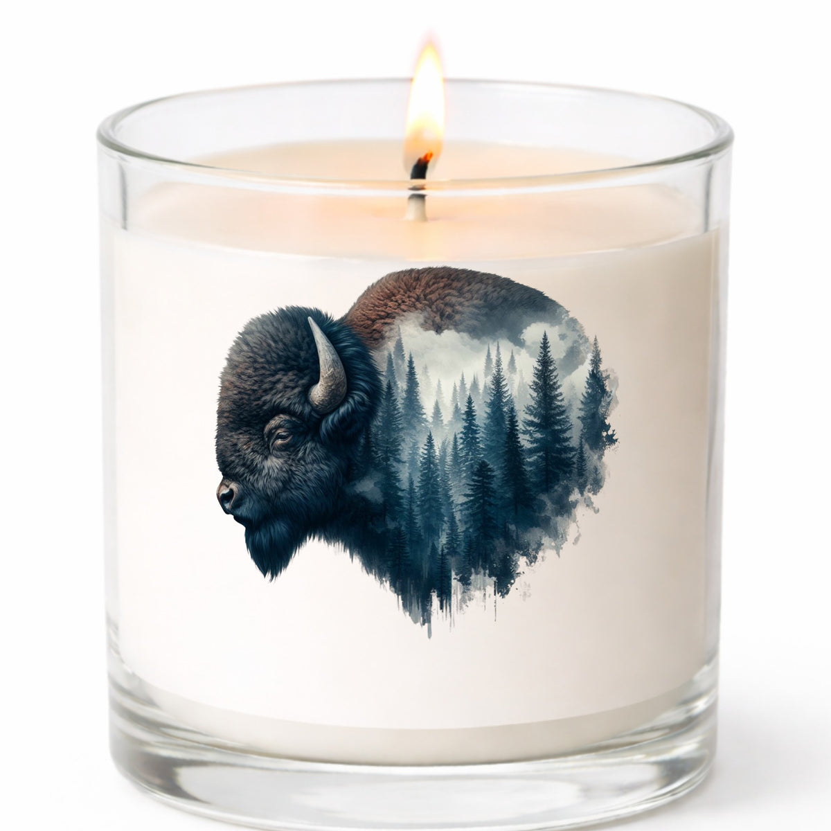 Dark Blue Bison UV DTF sticker applied to a white candle in a clear glass jar