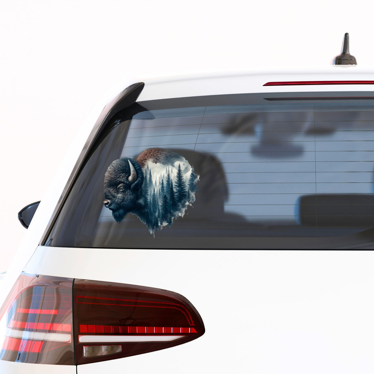 Dark Blue Bison UV DTF sticker applied to the rear window of a white car