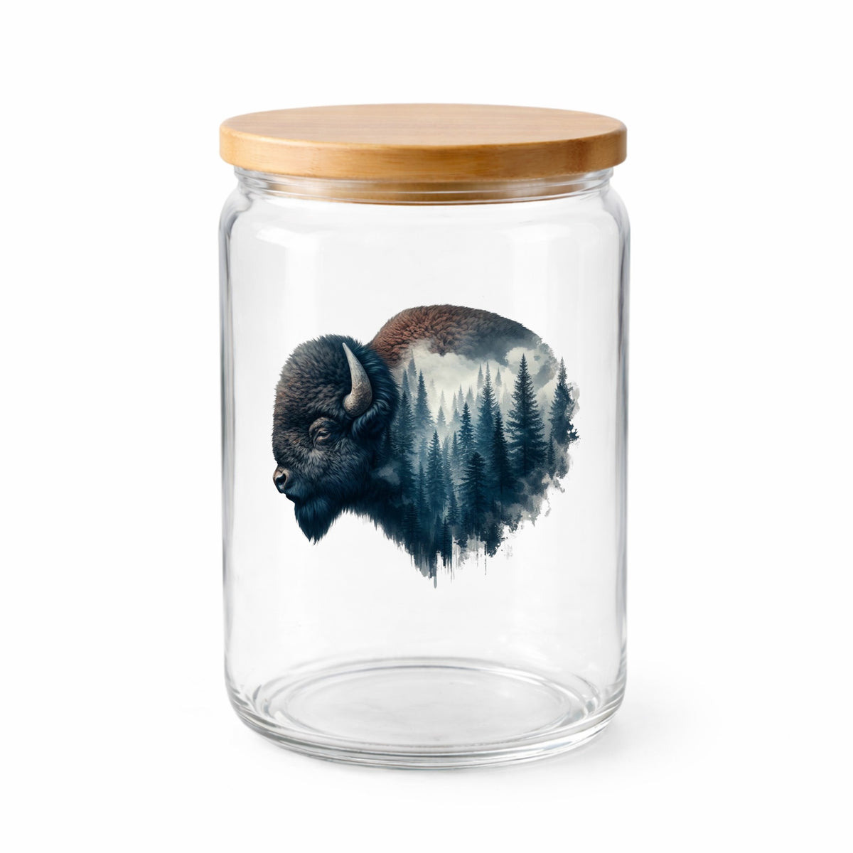 Dark Blue Bison UV DTF sticker applied to a clear glass jar with a wooden lid