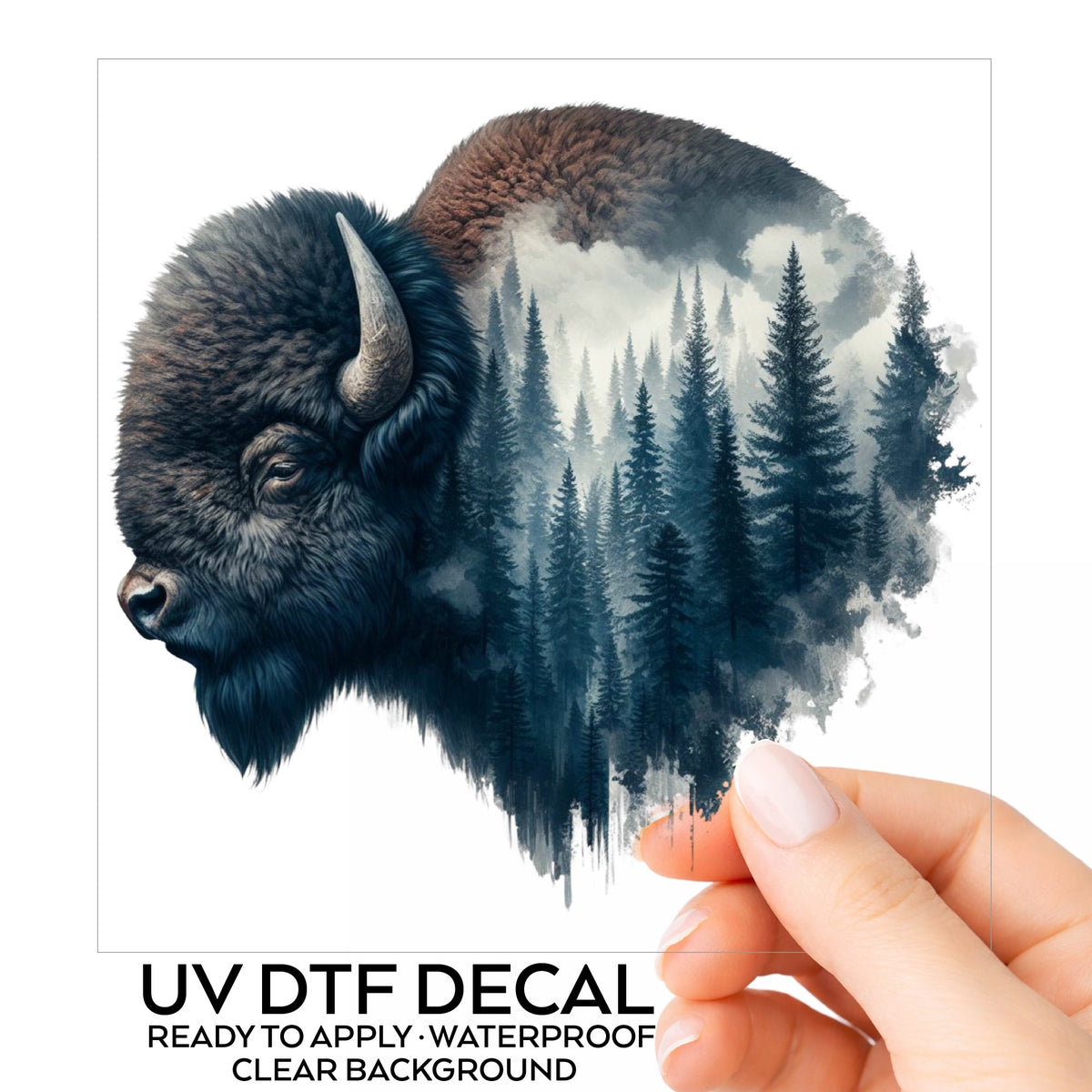 Dark Blue Bison UV DTF sticker on its backing card, held in hand