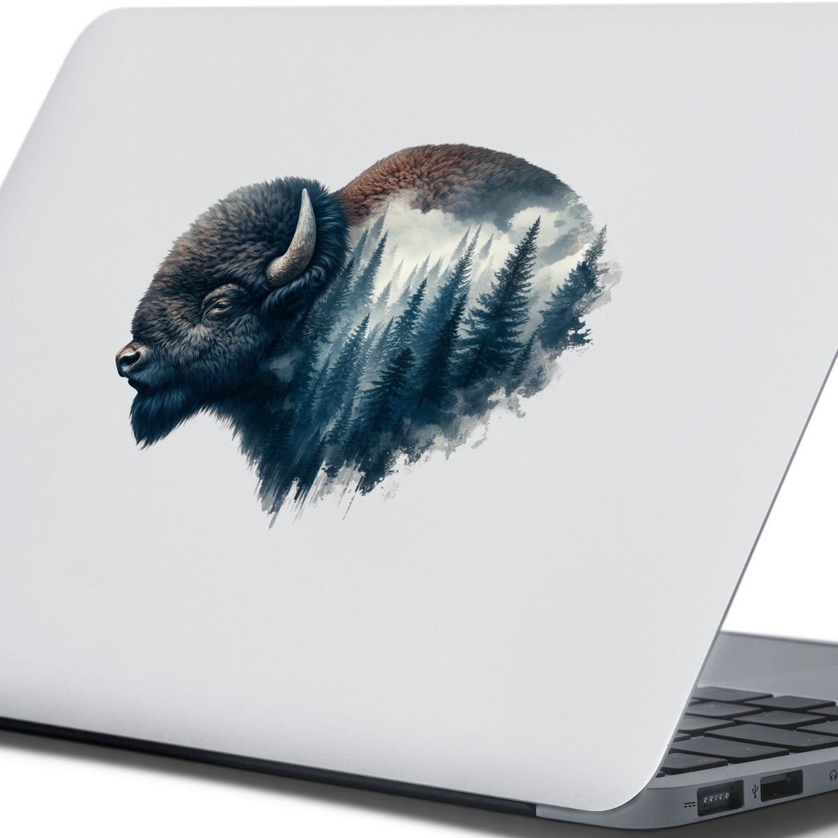 Dark Blue Bison UV DTF sticker applied to the lid of a silver laptop