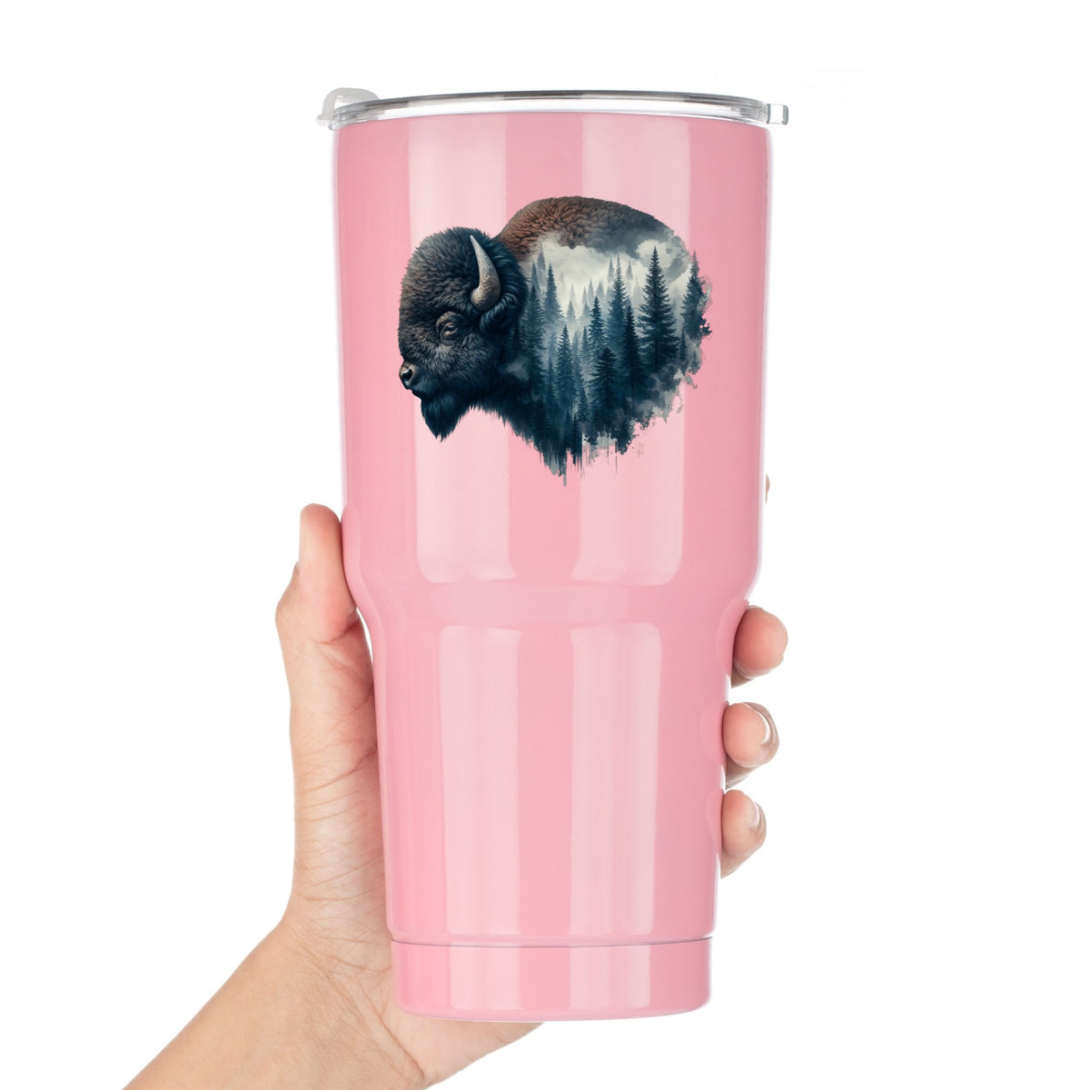 Dark Blue Bison UV DTF sticker applied to a pink tumbler held against a white background