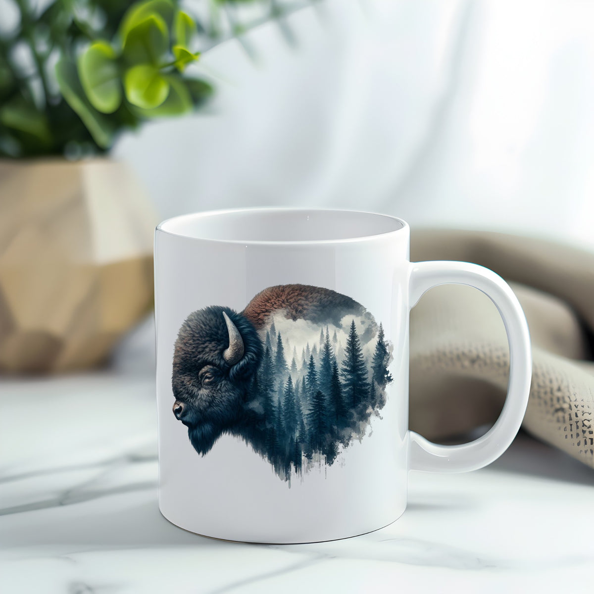 Dark Blue Bison UV DTF sticker applied to a white coffee mug