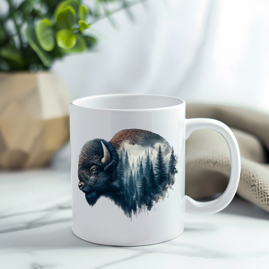 Dark Blue Bison UV DTF sticker applied to a white coffee mug