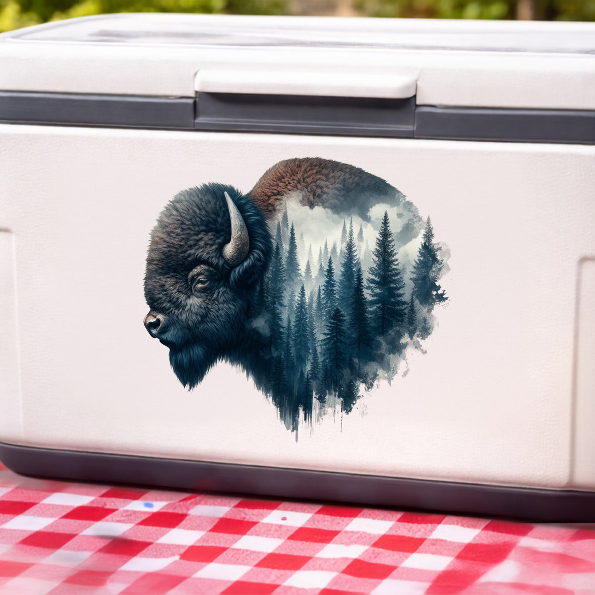 Dark Blue Bison UV DTF sticker applied to a white cooler on a red gingham cloth