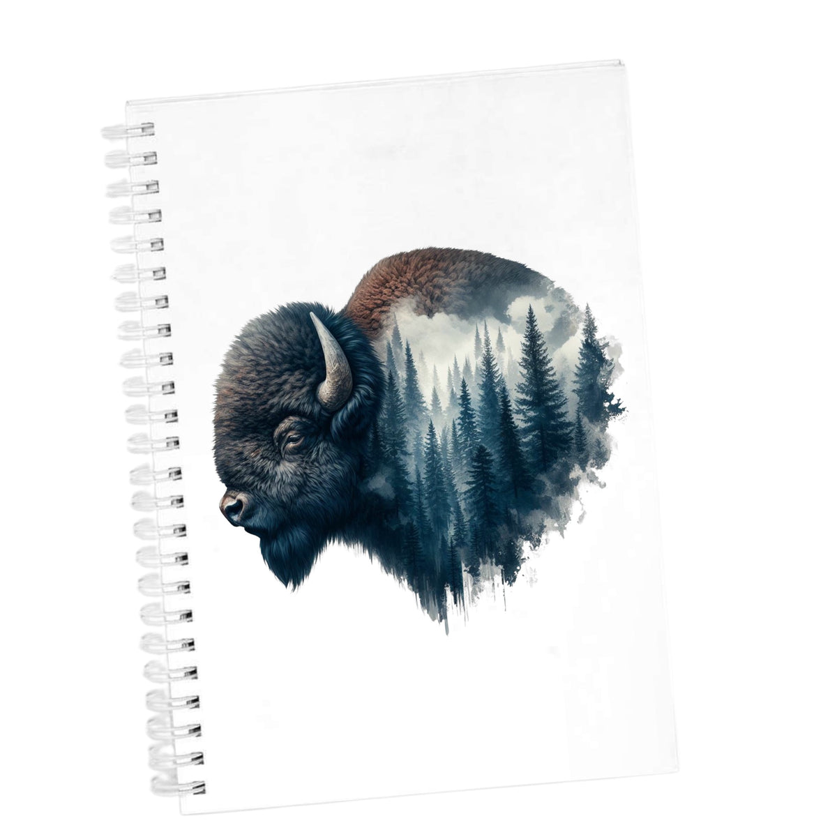 Dark Blue Bison UV DTF sticker applied to the cover of a white spiral journal