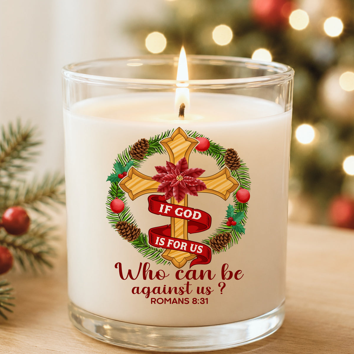 If God Is For Us Christmas Cross UV DTF sticker applied to a white candle in a glass holder near Christmas lights