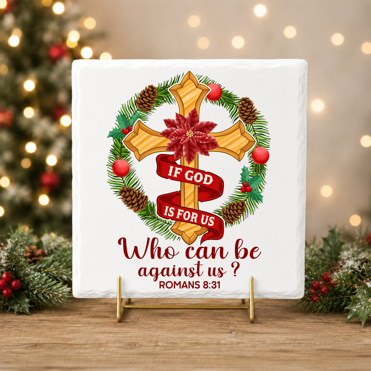 If God Is For Us Christmas Cross UV DTF sticker applied to a white tile on a gold stand