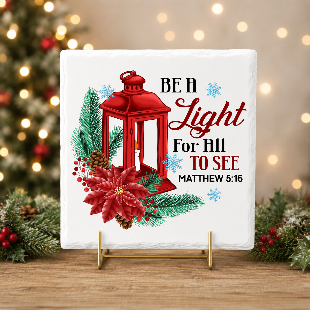 Be A Light Christmas Lantern UV DTF sticker applied to a white tile on a gold stand