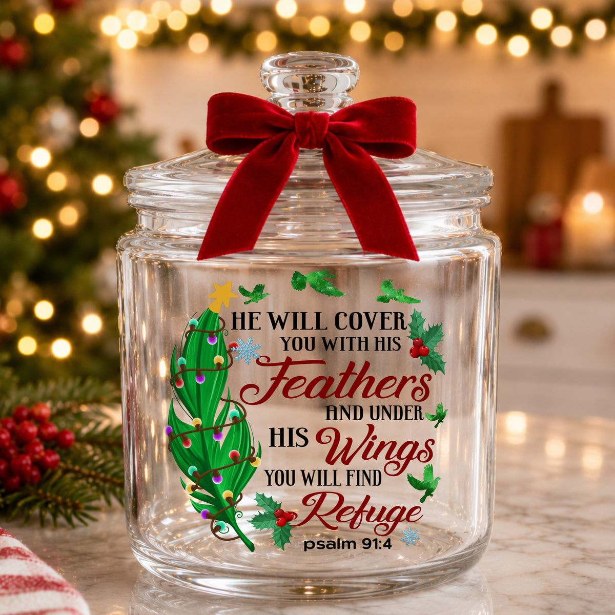 Psalm 91 Christmas Feather UV DTF sticker applied to a glass candy jar tied with a red bow
