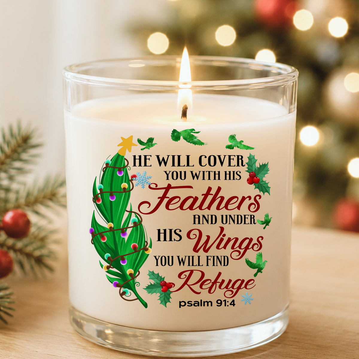 Psalm 91 Christmas Feather UV DTF sticker applied to a white candle in a glass holder near Christmas lights