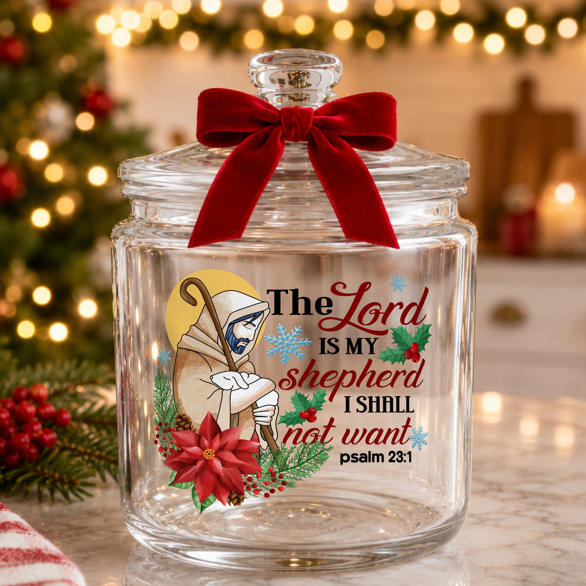 The Lord Is My Shepherd Jesus UV DTF sticker applied to a glass candy jar tied with a red bow