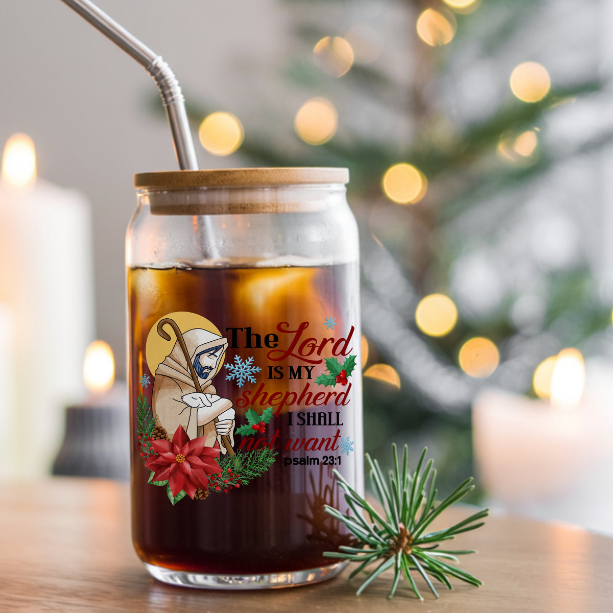 The Lord Is My Shepherd Jesus UV DTF sticker applied to a glass can cup of iced coffee with a straw