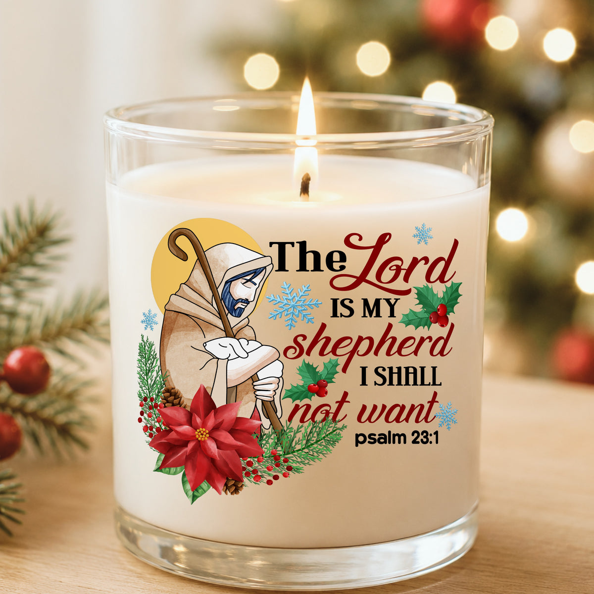 The Lord Is My Shepherd Jesus UV DTF sticker applied to a white candle in a glass holder near Christmas lights