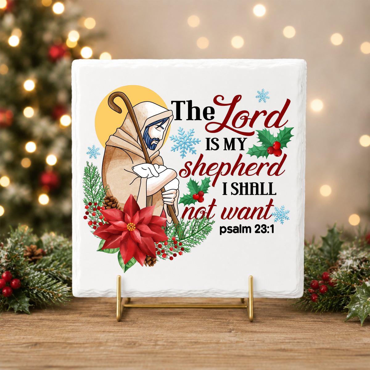 The Lord Is My Shepherd Jesus UV DTF sticker applied to a white tile on a gold stand