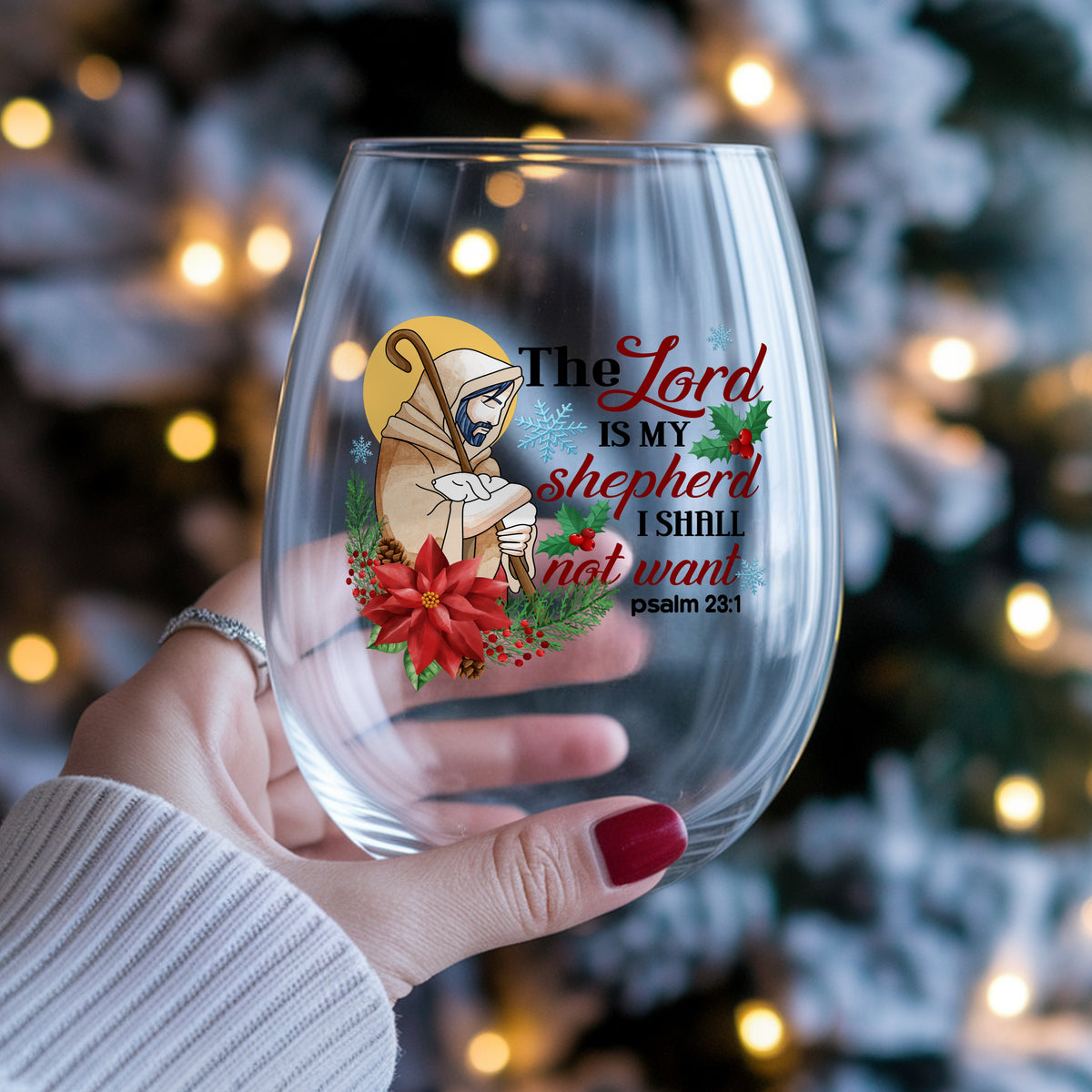 The Lord Is My Shepherd Jesus UV DTF sticker applied to a stemless wine glass held in hand
