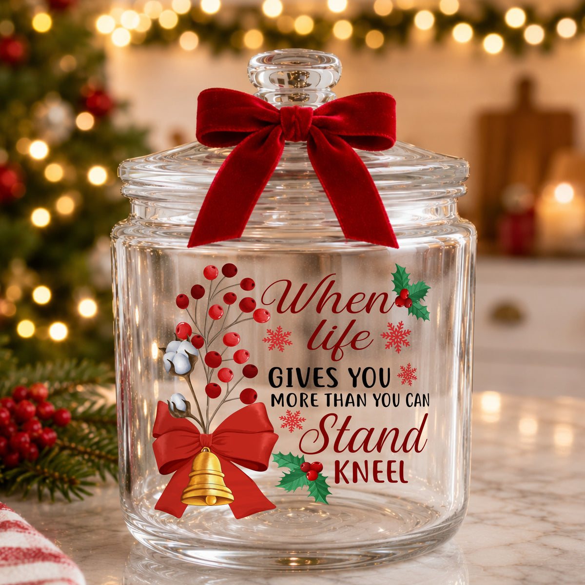 Kneel Faith Quote Red Bow UV DTF sticker applied to a glass candy jar tied with a red bow